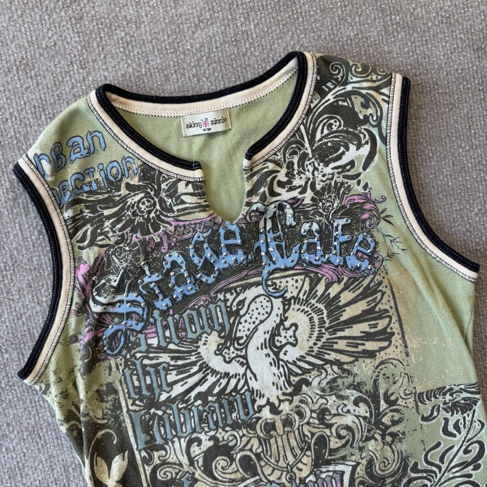 Skinny Minnie Green Rock Concert Tank Top Grunge Woman's Size Large Y2K